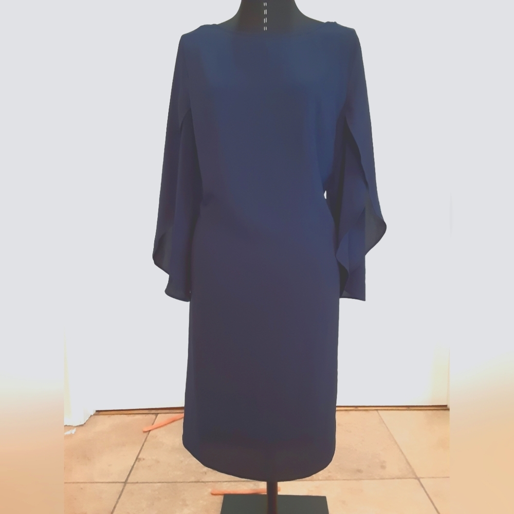 Navy Blue Shift Dress with Flutter Sleeves.